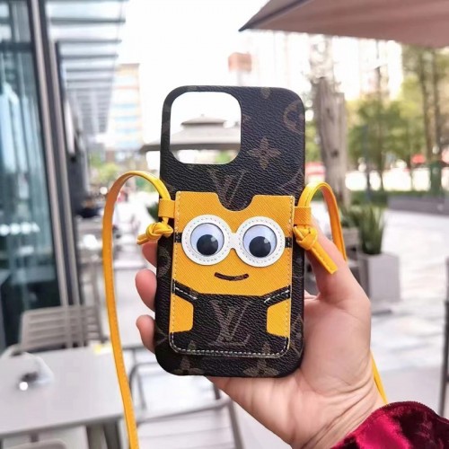 Minionsミニオン ルイヴィトン iphone14Proブランドケース 斜め掛け カード収納 iphoneアイホン14プロ携帯ケース かわいい おしゃれ モノグラム アイフォン13プロ/12スマホケース メンズレディース 男女兼用